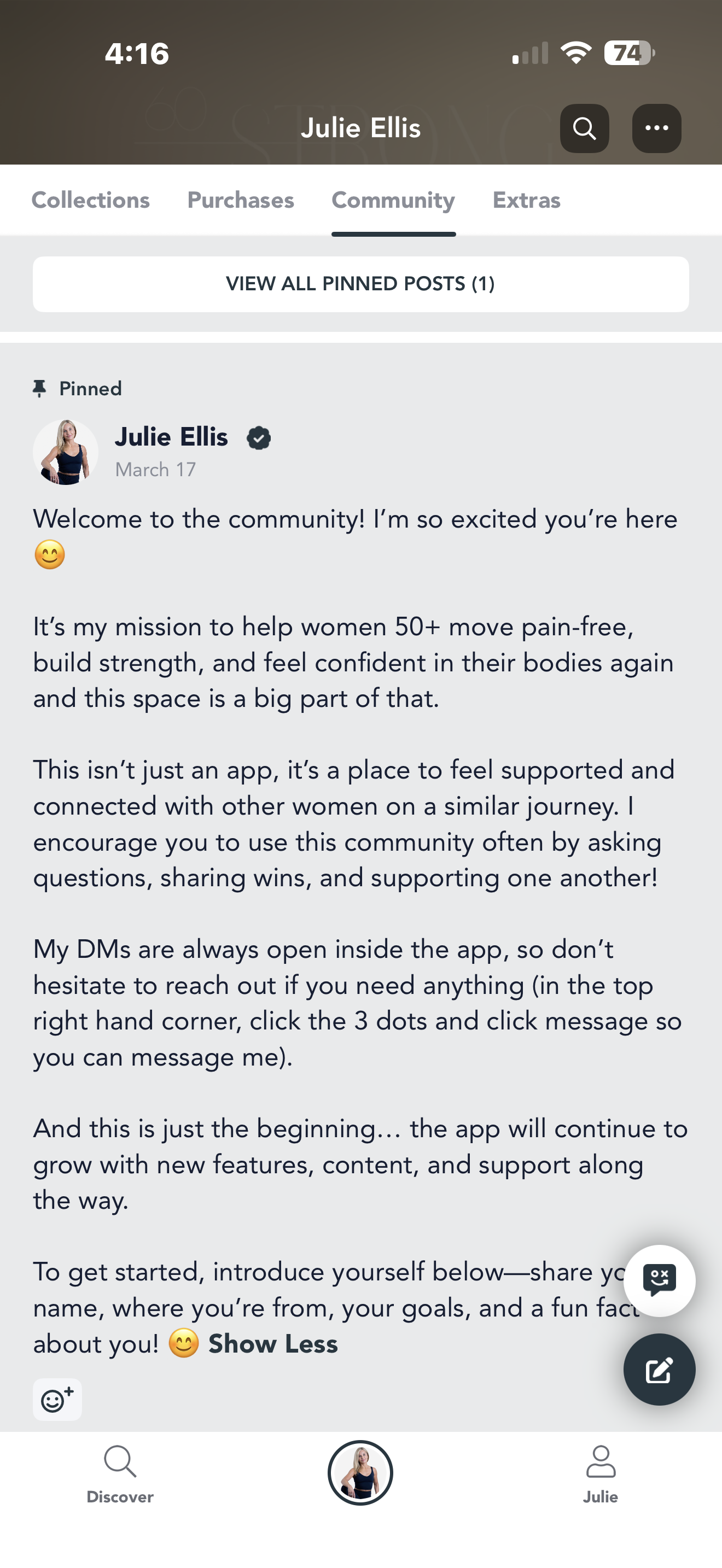 Community — pinned welcome post from Julie Ellis in the Sixty Strong app