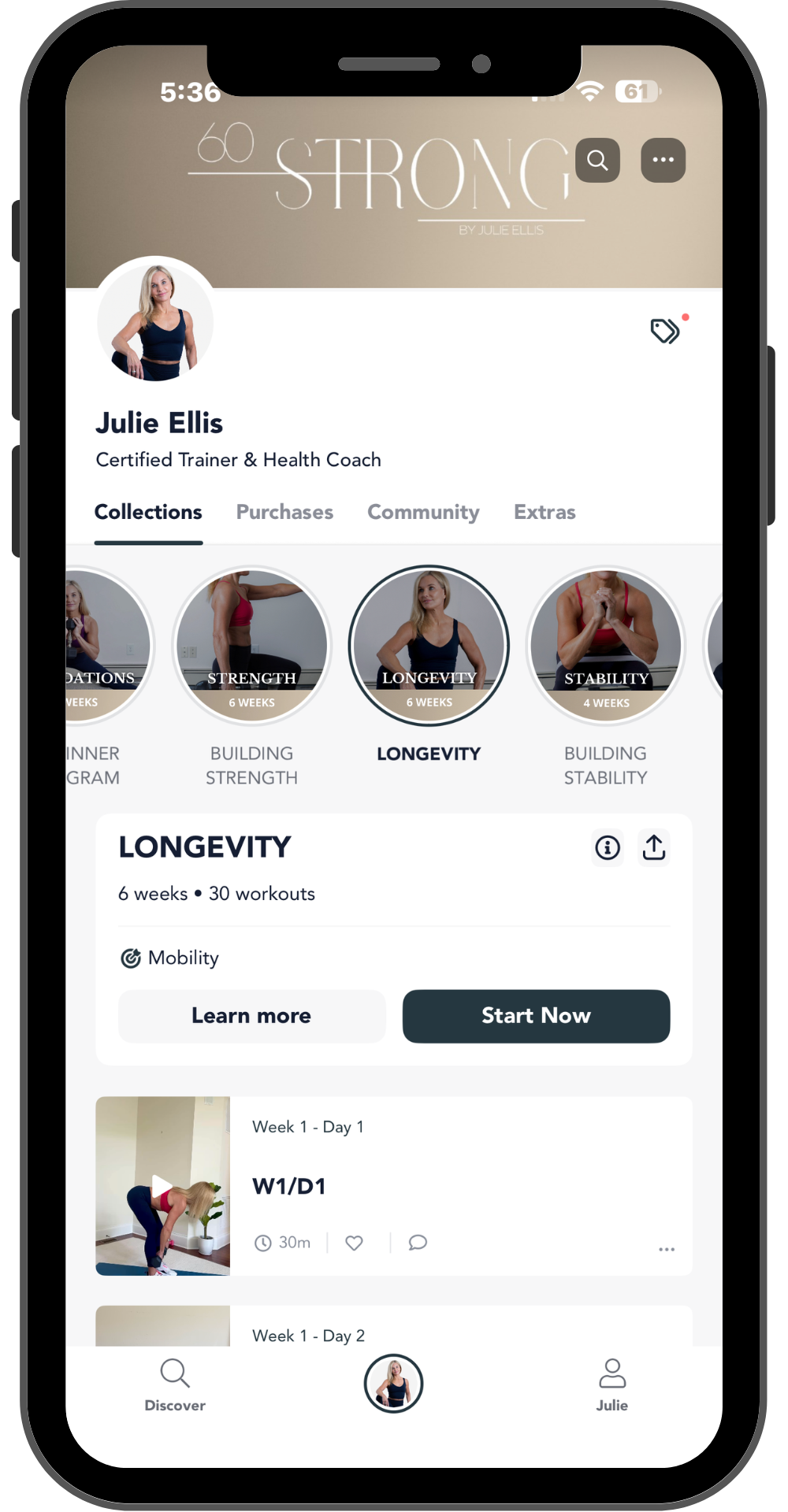 Longevity — 6 weeks, 30 workouts in the Sixty Strong app