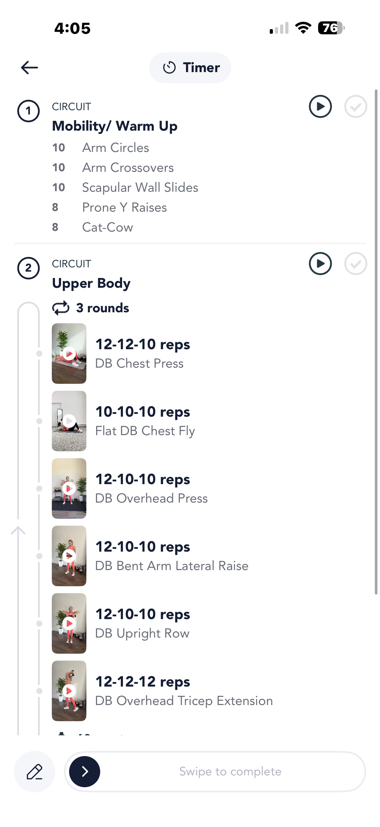 Workout list — Sixty Strong app, mobility warm-up and upper body circuit